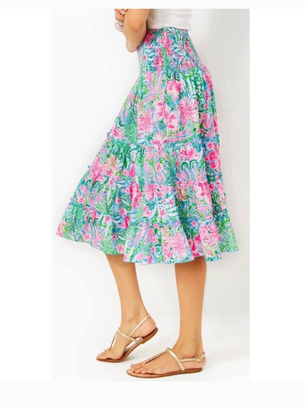 Lilly Pulitzer Deavan Midi Skirt Large Leaf It Wild Smocked Tiered